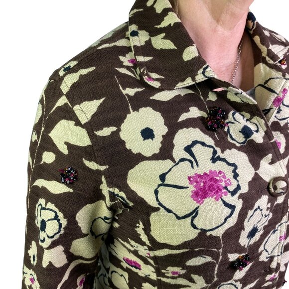 Chicos Womens Floral Embellished Jacket Statement knit Brown Pink spring large - Picture 4 of 11